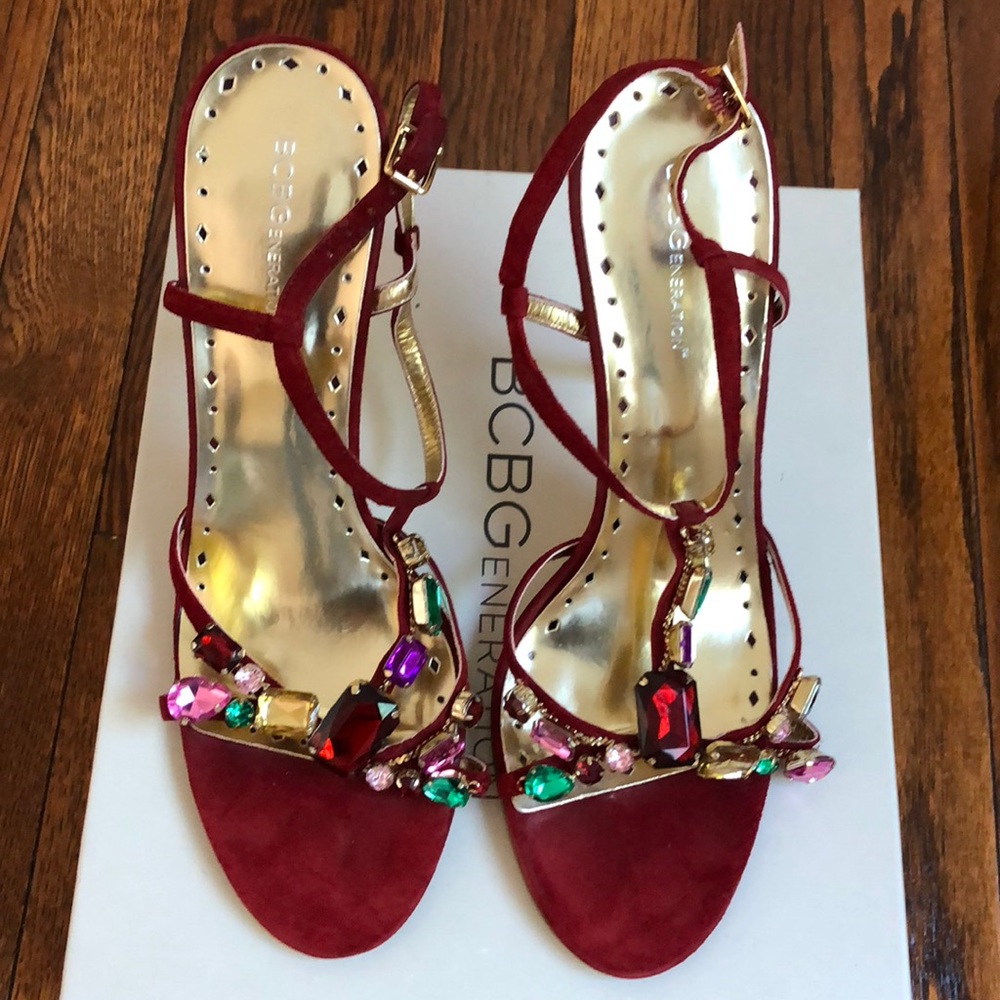 Red Suede bejeweled strappy heel sandal